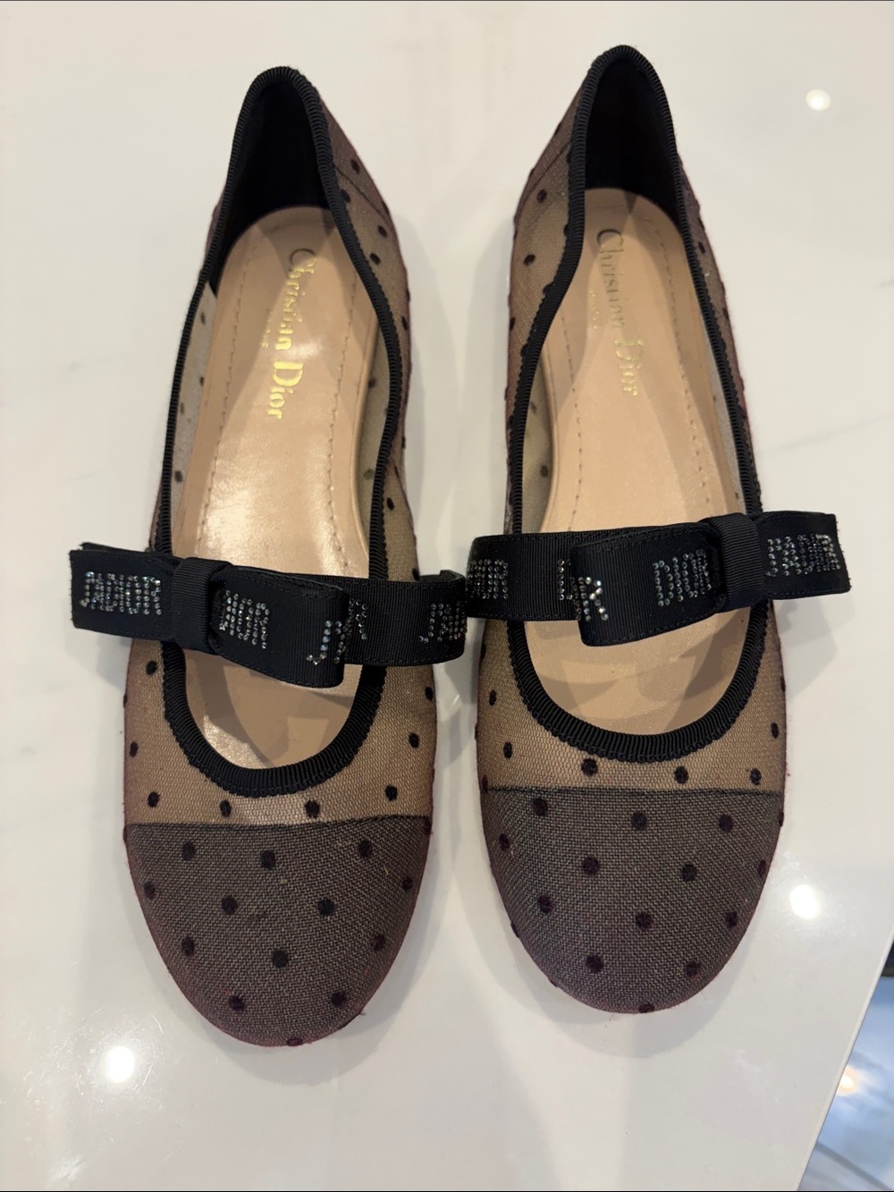 Dior Nude Mesh Polka Dot Ballet Flats with Black Trim & Bow